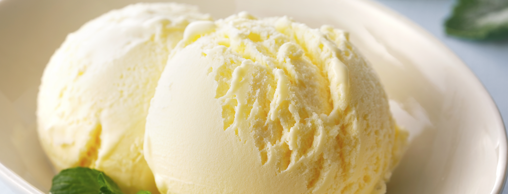 zwei gelbliche Kugeln Eiscreme in einer Schale zwei gelbliche Kugeln Eiscreme in einer Schale