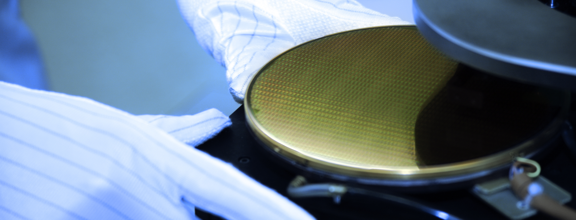 Hände in Handschuhen arbeiten mit einem goldenen, runden Silizium-Wafer Hände in Handschuhen arbeiten mit einem goldenen, runden Silizium-Wafer