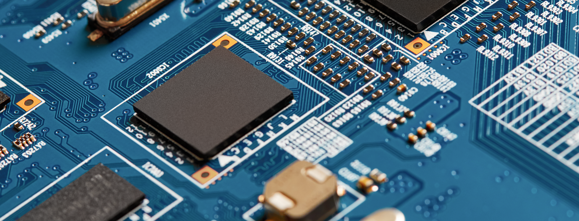 close-up of a blue motherboard